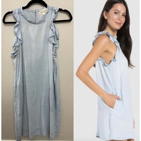 Cloth and Stone Anthropologie Chambray Ruffle Neck Pocket Shift